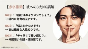 顔だけのイケメン、悩みなし、チャラいという誤解を否定し、努力家で繊細かつ情熱家である真実を伝えるリスト