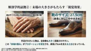 顔のサイズ比率に対して大きい手や、身長に対してやや大きめの靴サイズが、全身のプロポーションを安定させていることを示したスライド