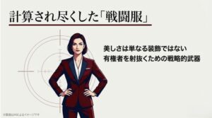 スーツを凛々しく着こなし、有権者を射抜く戦略的武器としての美を体現する女性のイメージ画像