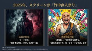 過去のハードボイルド作品『ヌードの夜』と最新作『満天の星の下で』のコミカルな役柄の対比画像