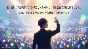 彼の人間味あふれる魅力こそが愛される理由であると結論づけるメッセージスライド