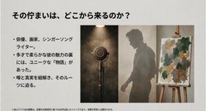 マイク、シルエット、絵画のイメージ画像と共に、彼の多才さとその裏にある物語を示唆するスライド