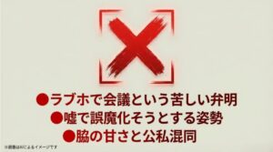 赤い大きな×印と共に、嘘で誤魔化そうとする姿勢や公私混同を指摘する批判的な内容をまとめたスライド