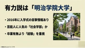 2016年の入学式での目撃情報や、芸能活動と両立しやすい社会学部の特徴を解説した大学進学データスライド