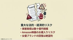 破られた契約書とSTOPマークで、損害賠償やブランドイメージ失墜の経済的影響をまとめたリスク解説スライド