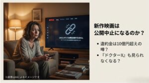 テレビ画面に「このコンテンツは現在利用できません」と表示され、頭を抱えてショックを受ける女性。違約金10億円超えの噂を添えたイメージ