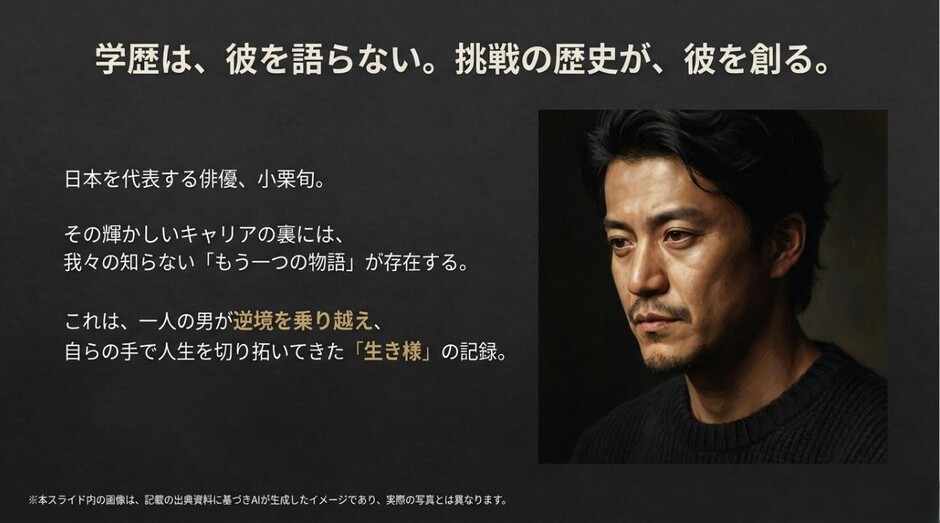 「学歴は、彼を語らない。挑戦の歴史が、彼を創る。」というメッセージと共に、強い意志を感じさせる表情をした俳優・小栗旬のイメージスライド
