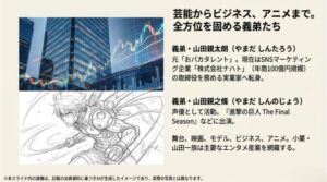 実業家に転身した山田親太朗と声優として活動する親之條を紹介し、主要エンタメ産業を網羅する親族関係を示したスライド