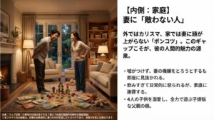 妻・山田優に頭が上がらない様子や、4人の子供を溺愛する子煩悩な父親としての顔を描いた家庭内のイメージスライド