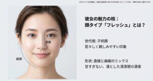 浜辺美波の顔立ちにおける直線と曲線のバランスを図解し、爽やかさと品格の源泉を解説したスライド