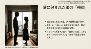 身長差のある姉弟のシルエットと、弟の現在の学年や父似のルックスについての分析スライド