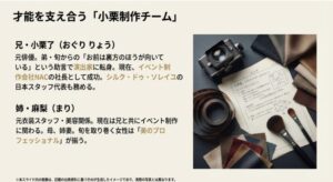 実業家として成功する兄・了と、美のプロフェッショナルである姉・麻梨を紹介し、一族が最強の制作チームであることを示すスライド