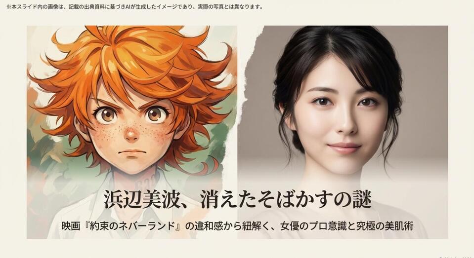 アニメ版エマのそばかすの特徴と実写版浜辺美波の美しいビジュアルを対比させたタイトル画像