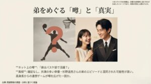 バスケットボールをするシルエットにハテナマークがついた画像と、ネット上の噂と真相を解説したスライド