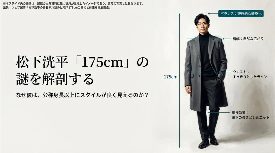 松下洸平の身長サバ読み疑惑と175cmの真実、体重を徹底調査するという記事タイトルを示したスライド
