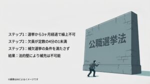 「公職選挙法」と書かれた巨大な壁を前にした人物のイラストと、繰上不可・補選条件未達などのステップ解説