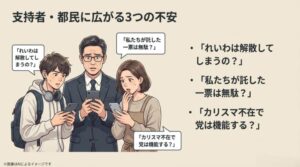 スマートフォンを見ながら「れいわは解散してしまうの？」と不安がる人々のイラスト