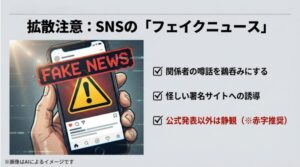 スマートフォンの画面に大きく「FAKE NEWS」の警告が表示されている画像。公式発表以外は静観することを推奨する内容