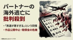 飛び立つ飛行機を背景に、スマートフォンの画面上に「許せない!」「炎上」「逃げ得」といった批判コメントが溢れているイメージ