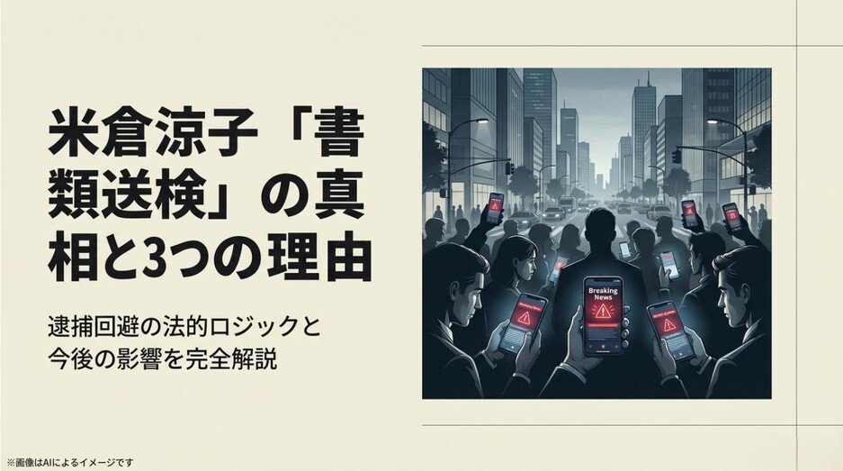 スマートフォンでニュース速報を確認する都会の人々と、書類送検の真相解説を予告するタイトルのアイキャッチ画像