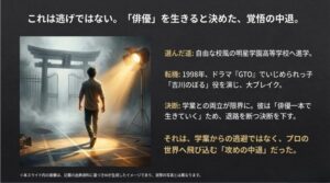 学校の校門から光が差す舞台へと歩み出す後ろ姿と、ドラマGTOでのブレイクから中退に至る経緯を記したスライド