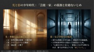 芸術一家としての家系図（父・母・兄）と、学校生活での現実や孤独感を対比させた解説スライド