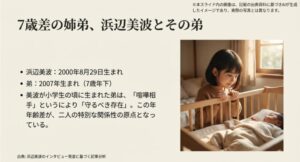幼い姉が赤ちゃんを見守るイメージと、7歳差の姉弟の生年月日と関係性の原点を解説したスライド