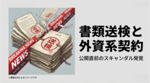 「送検」のスタンプが押された大量の書類と、「BREAKING NEWS」のテロップが流れるニュース映像をイメージしたスライド