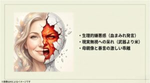 穏やかな女性の顔から怒りに満ちた顔が割れて現れるイラストと、血まみれ発言への生理的嫌悪感や現実無視への呆れを解説したスライド