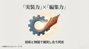 歯車（技術）とペン（物語）が組み合わさったアイコンで、安野氏の実装力と里奈氏の編集力の相乗効果を表現した図解