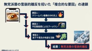 クリームパン動画の炎上、不記載疑惑、森下氏の活動という3つの要因が重なり、無党派層の離反を招いたことを示す図解スライド