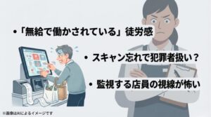 無給の労働感や、ミスによる犯罪者扱いへの恐怖、店員の視線など、セルフレジ特有の不満をまとめたスライド