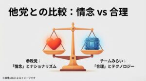 参政党の「情念とナショナリズム」に対し、チームみらいが「合理とテクノロジー」を重視することを天秤で表現した比較スライド