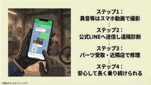 異音を動画撮影し、LINEで遠隔診断を受けてから近隣店で修理するまでのサポートフローを解説したスライド