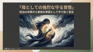 荒れ狂う嵐の中で幼い命を抱きかかえる女性のイメージと、家族を断守する意志を記したスライド