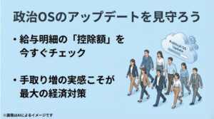 多くの人々が前を向いて歩き、「Political OS Update」と書かれたクラウドが上空にある未来的なイラスト