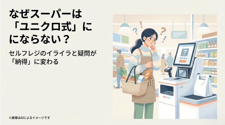 セルフレジの前で戸惑う女性のイラストと、スーパーがユニクロ方式を採用できない理由を解説することを伝えるタイトルスライド