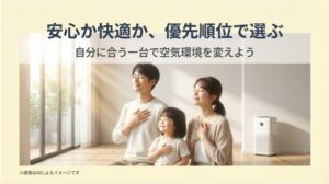 安心か快適か、優先順位で自分に合う一台を選び、空気環境を変えようというメッセージ