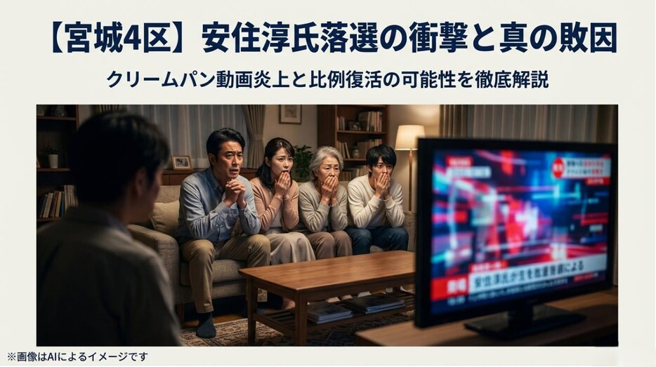 テレビに映し出される選挙速報を、驚きと不安の表情で凝視する一家の様子を描いたアイキャッチ画像