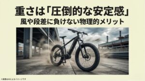風や段差に負けない物理的な強さと、安定した走りを象徴するMOVE eBikeの走行イメージスライド