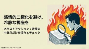 炎を背景に虫眼鏡で書類を細かくチェックする男性のイラストで、冷静な視点と政策の中身を確認するアクションを促すスライド