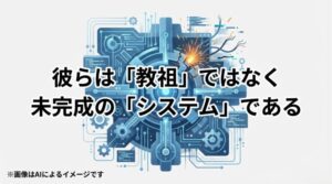 「彼らは『教祖』ではなく未完成の『システム』である」というメッセージが記された、組織の本質を示すスライド