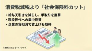 給与明細の控除額が減り、逆に手取り額が大きくアップすることを示す矢印のイラスト