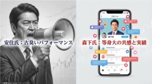 安住氏のパフォーマンス重視の姿勢と、森下氏の共感を集める発信スタイルを比較したSNSプロフィールのイメージ