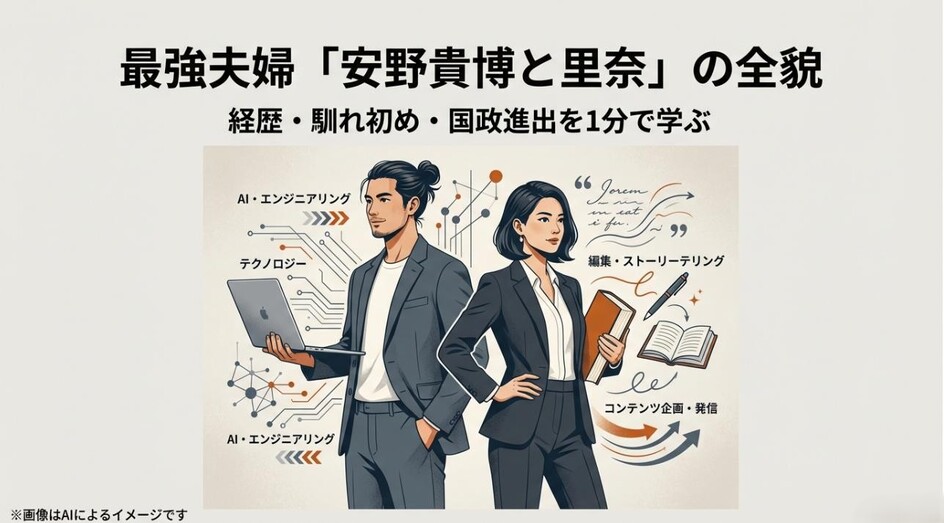 AI・エンジニアリング担当の安野貴博と、編集・ストーリーテリング担当の里奈が並び、それぞれの専門性を象徴するアイコンが描かれたアイキャッチ画像