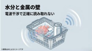 水分に吸収され、金属に反射するというRFID電波の特性が、食品の読み取りを困難にする理由を図解したスライド
