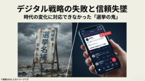 雨に打たれる古い選挙看板と、SNS上で「時代についていけてない」と批判されるスマホ画面を対比させたイメージ