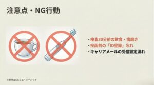 検査30分前の飲食・歯磨き禁止やID登録の重要性など、失敗しないためのNG行動をまとめたスライド