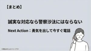 誠実な対応の大切さをまとめ、勇気を出して今すぐ電話することを促すメッセージと男性のイラスト