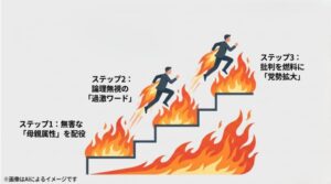 無害な母親属性の配役、論理無視の過激ワード、批判を燃料にした党勢拡大という3つのステップを解説した分析スライド